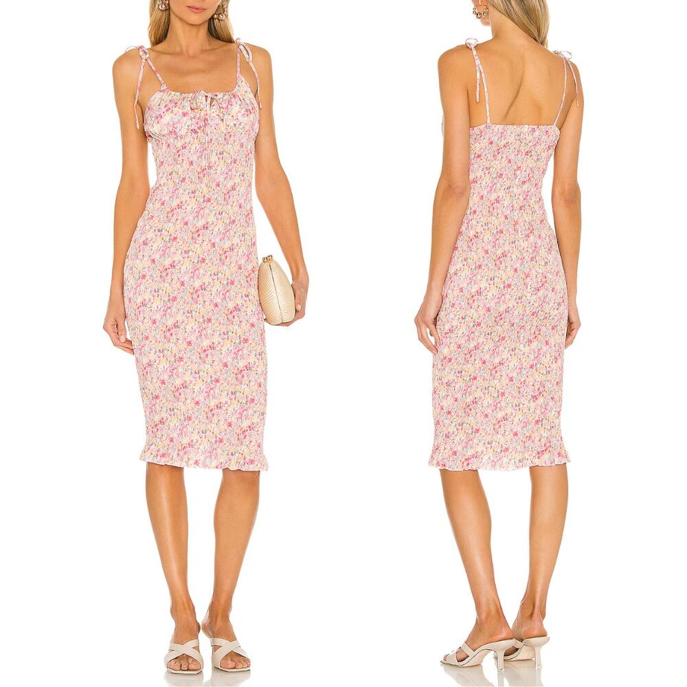 SNDYS Newport Pink Yellow Floral Smocked Strappy Sleeveless Midi Dress Revolve